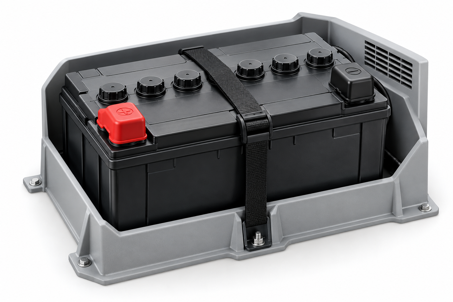House battery secured in an open tray, with service caps, protected terminals and hold-down visible.