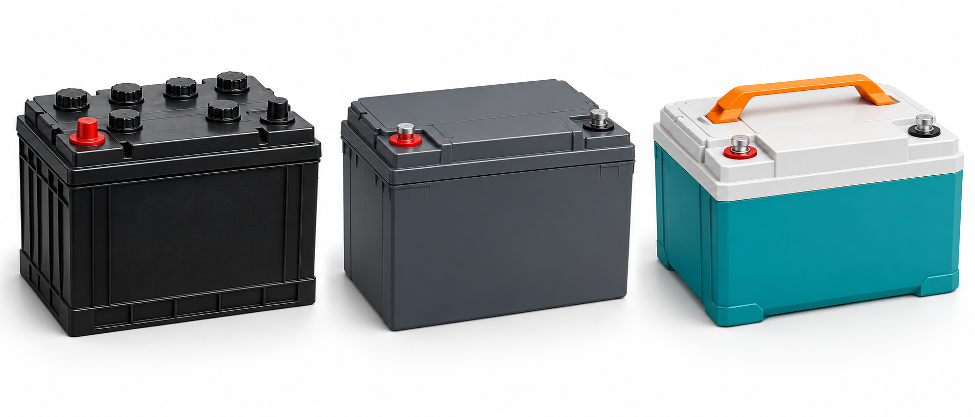 Illustrated flooded lead-acid, sealed AGM and LiFePO4 RV batteries, from left to right.